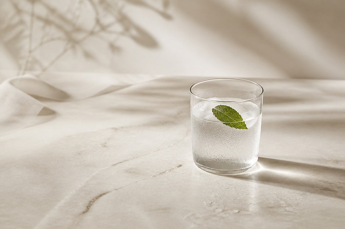 Glas kühles Wasser mit Minzblatt auf hellem Marmor