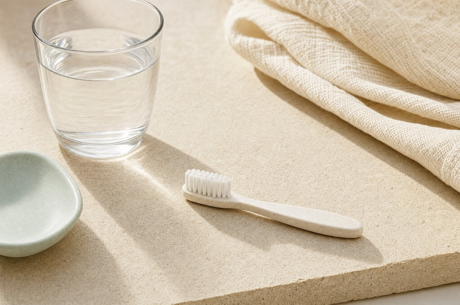Kinderzahnbürste, Wasserglas und Tuch auf heller Steinfläche