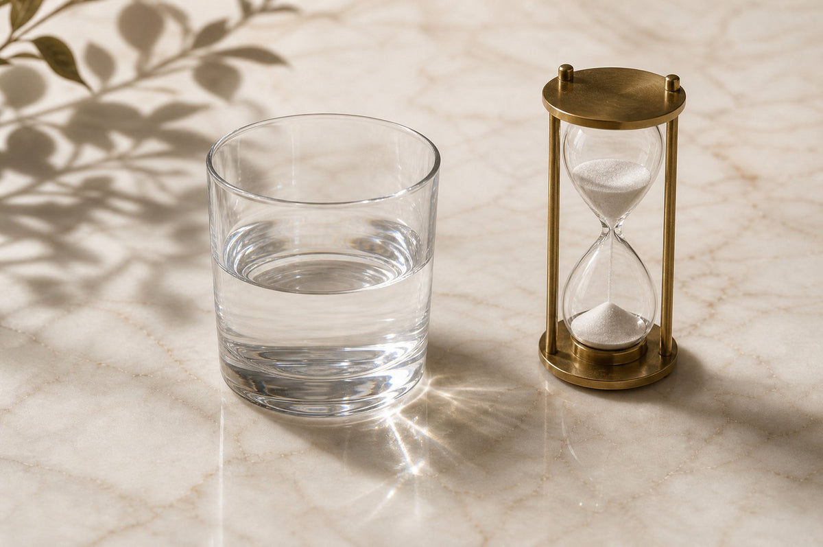 Glas Wasser und kleine Sanduhr auf hellem Marmor im Tageslicht
