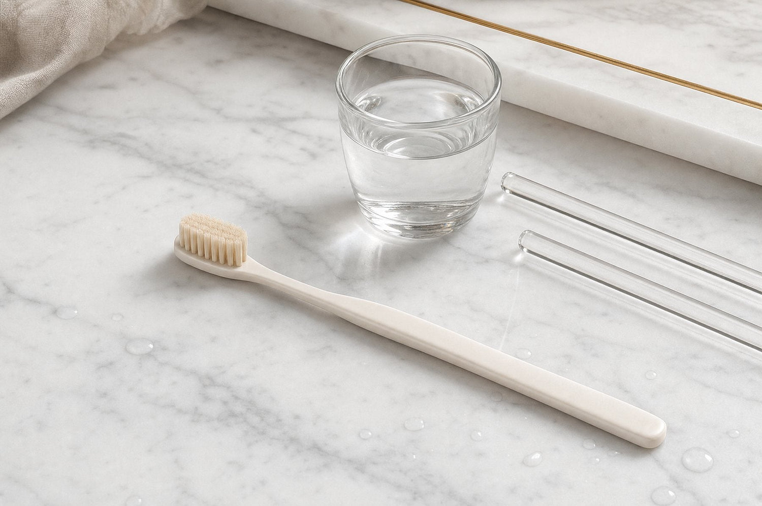 Zahnbürste, Wasserglas und Glasstäbe auf weißem Marmor