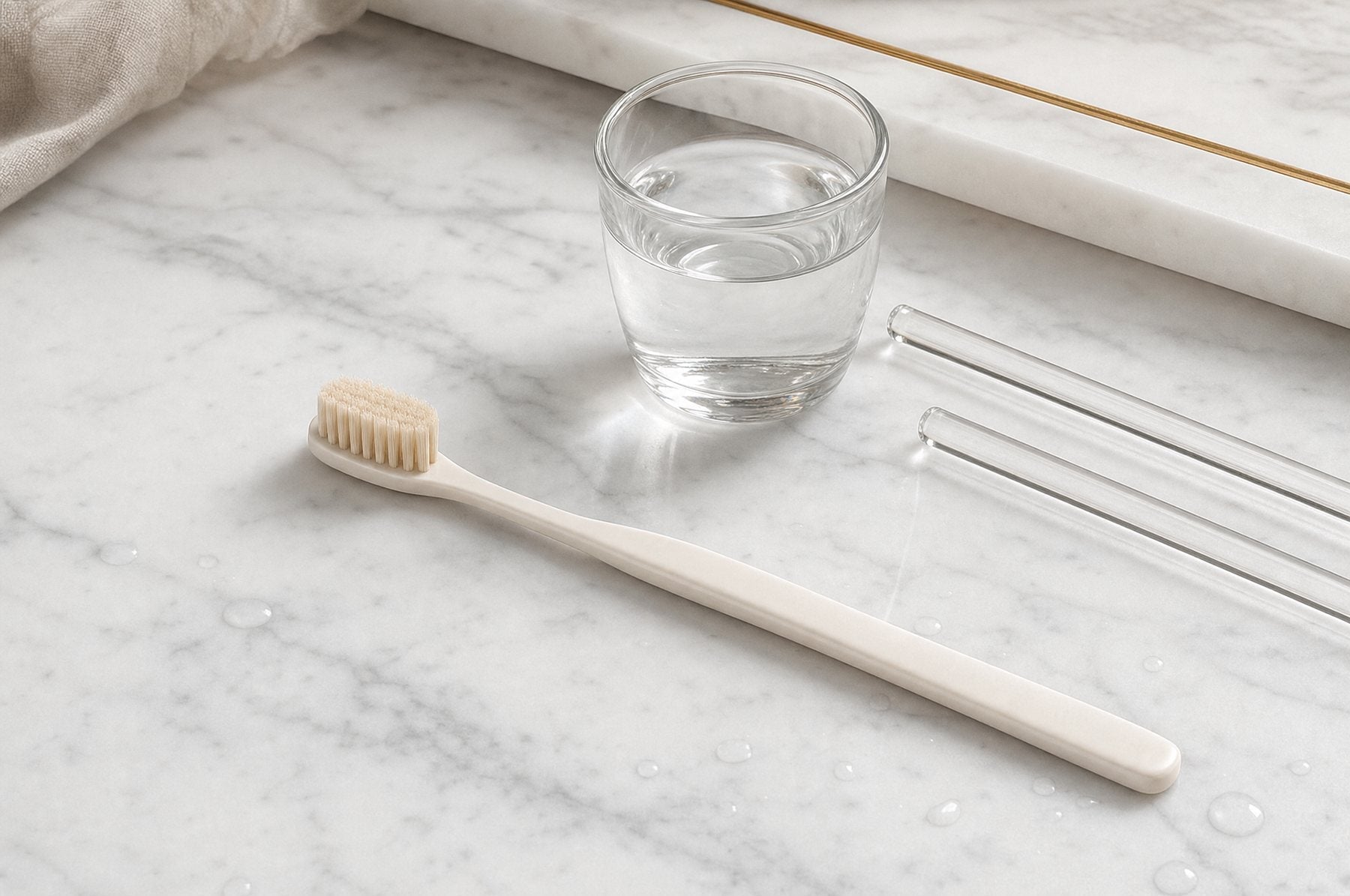 Zahnbürste, Wasserglas und Glasstäbe auf weißem Marmor