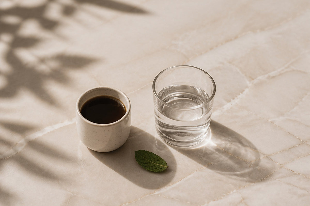 Tasse Kaffee und Glas Wasser nebeneinander auf hellem Marmor