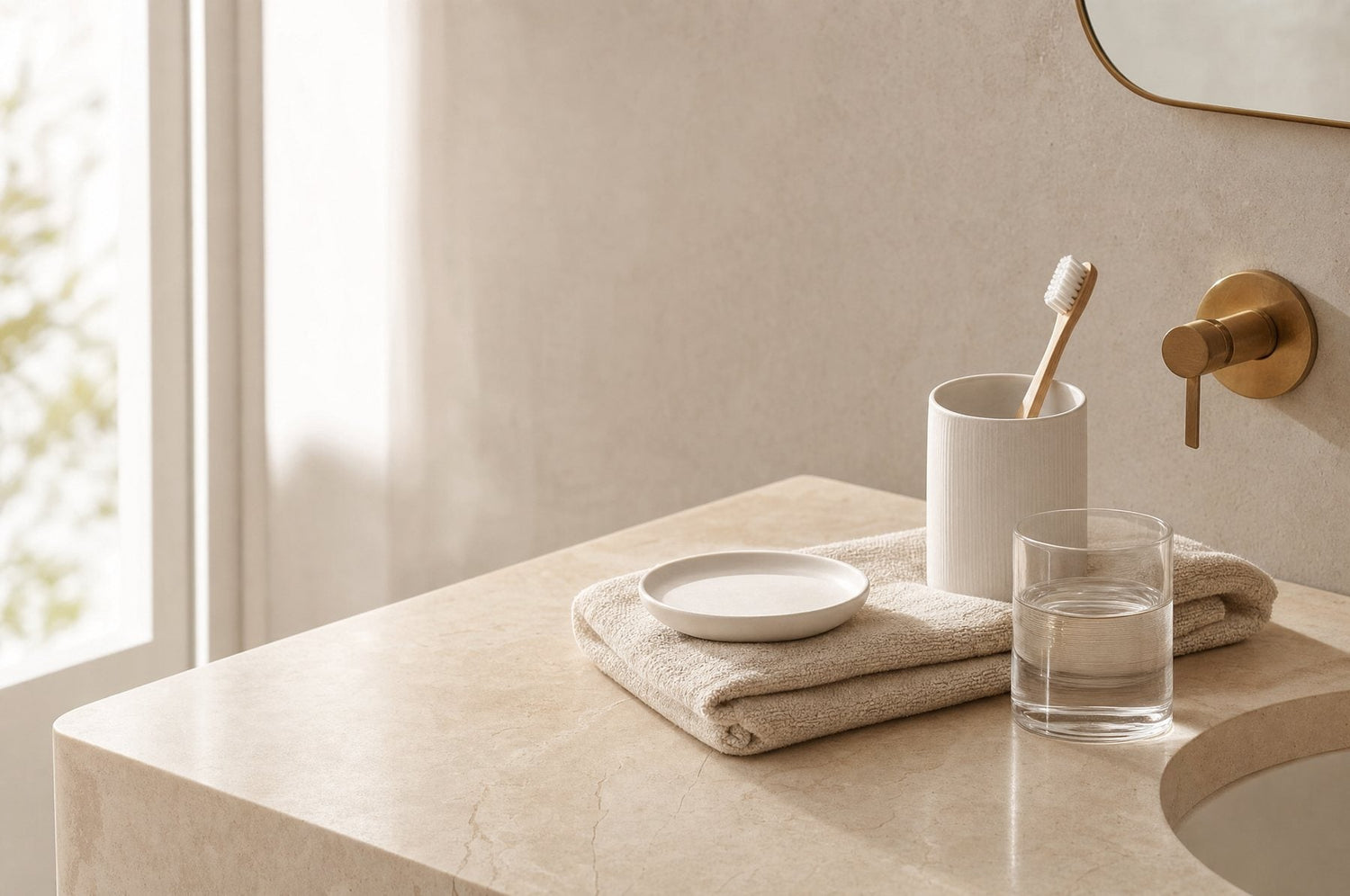 Ruhige Badezimmerablage mit Handtuch, Zahnbürste und Wasserglas