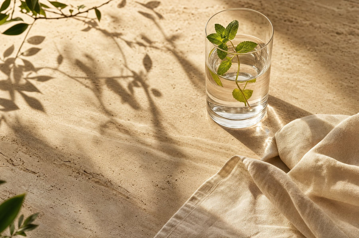 Wasserglas mit Minze auf Travertin mit weichen Blattschatten