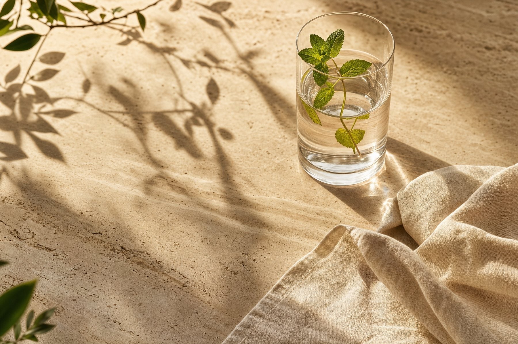 Wasserglas mit Minze auf Travertin mit weichen Blattschatten