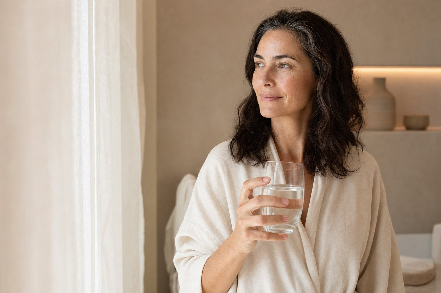 Frau um die fünfzig mit einem Glas Wasser am Fenster im Morgenlicht