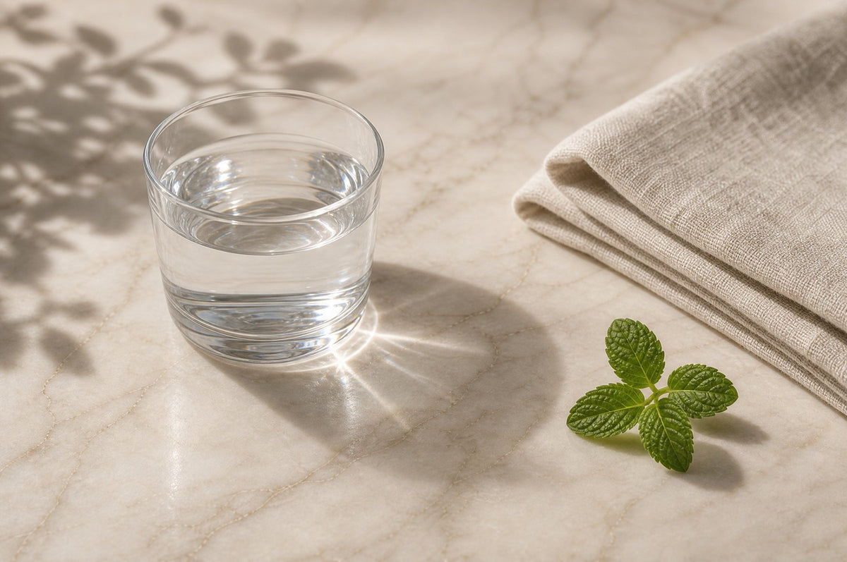 Glas Wasser, Minzzweig und Leinentuch auf hellem Marmor im Morgenlicht