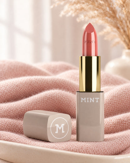 MINT Lippenstift Pink Cashmere auf rosa Kaschmir
